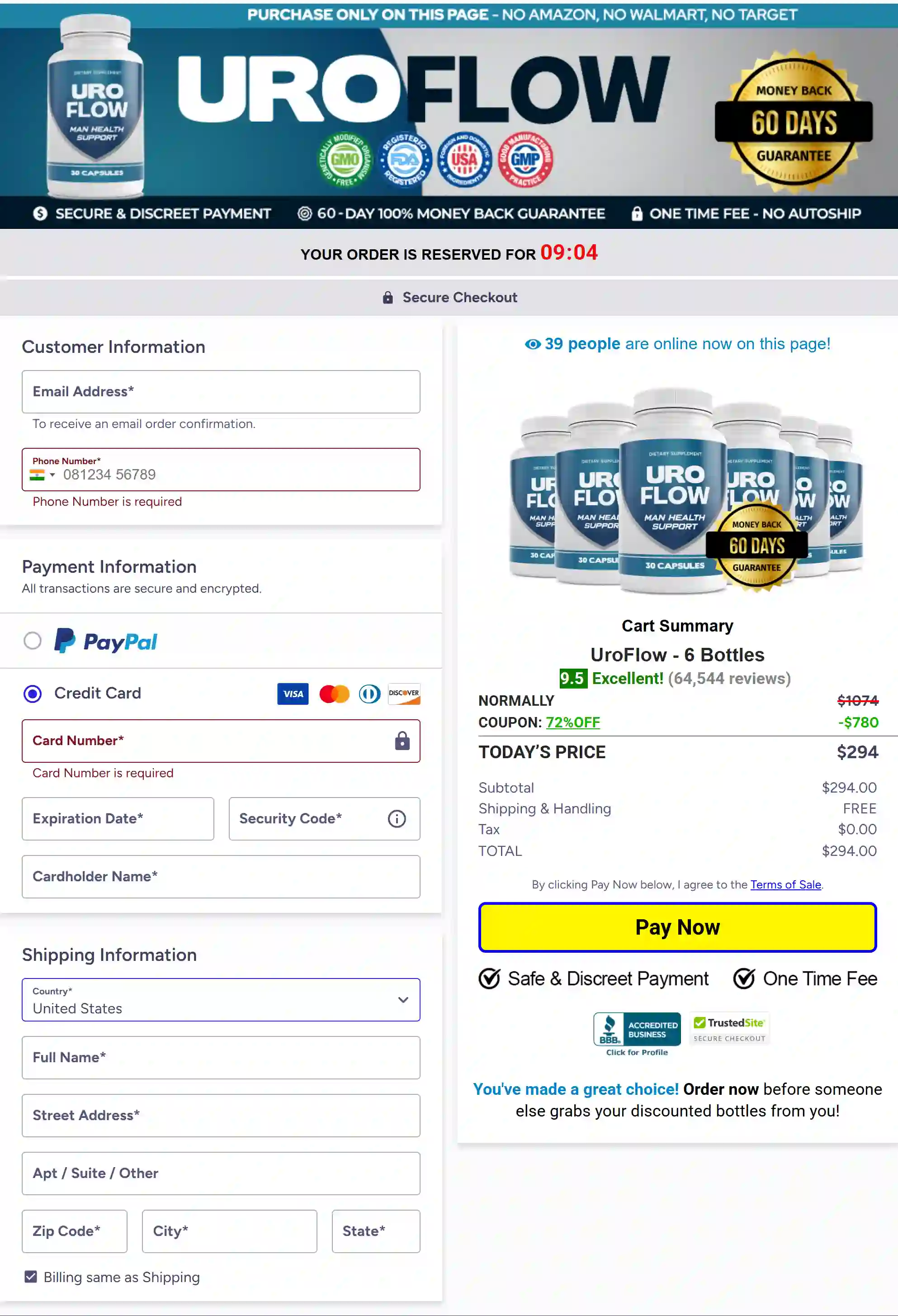Secure Uroflow checkout page for supplement orders